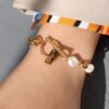 Titanium 316l stainless steel freshwater pearl geometric vintage link bracelet with e-coated waterproof - Image 2