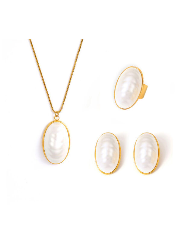 Ttanium steel imitation pearl minimalist oval earring ring and necklace set