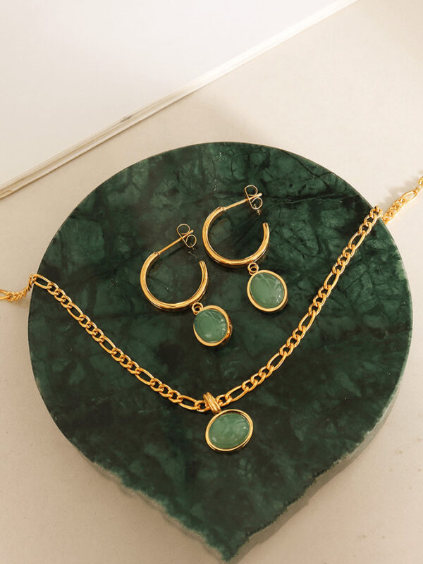 Titanium steel jade vintage geometric earring and necklace set - Image 3